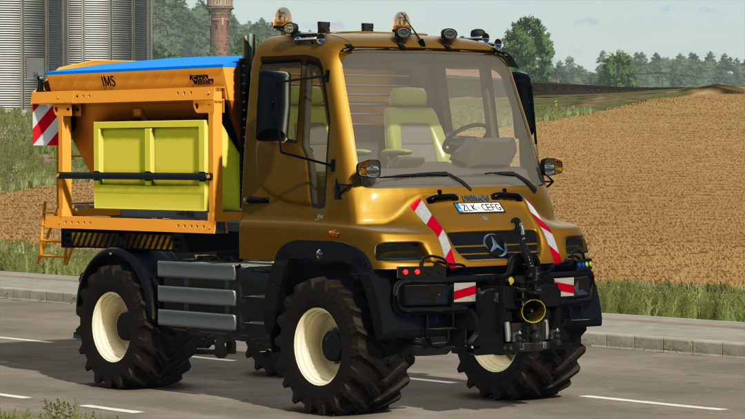 FS25 mod: Mercedes Unimog U400 v1.0.0.0 in Farming Simulator 25 on a rural road.