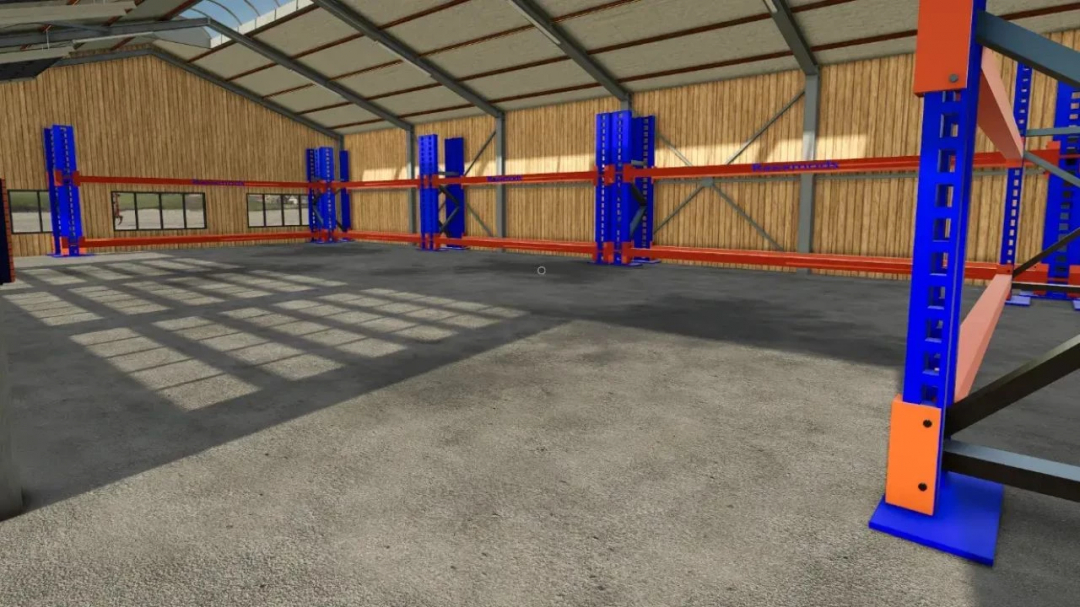 Interior of Modern Shed v1.0.9.0 in FS25 mod featuring blue and orange shelving units and wooden walls.