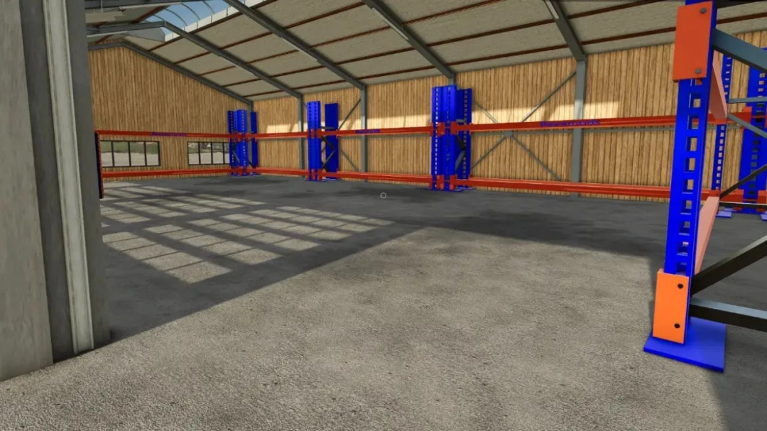 Interior view of the Modern Shed mod for Farming Simulator 25, featuring metal racks and wooden walls.