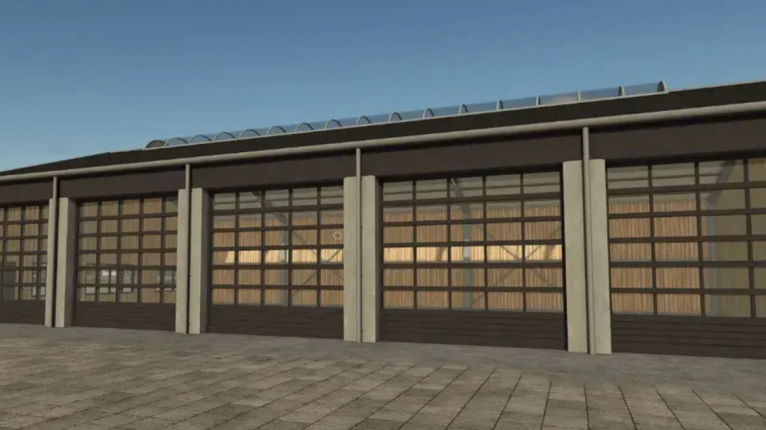 Modern Shed v1.0.9.0 mod for FS25 with large glass doors in Farming Simulator 25.