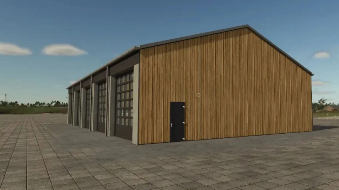 Modern Shed in FS25 mod featuring a large wooden structure with multiple garage doors.