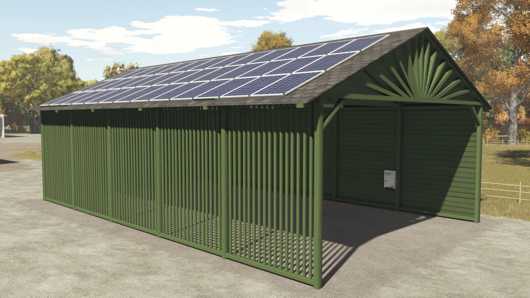 Modern Wooden Shed v1.0.0.1 mod for FS25 features a green shed with solar panels in Farming Simulator 25.