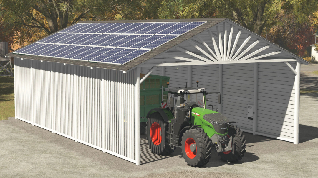 Modern Wooden Shed mod in FS25 with tractor, showcasing solar panels on roof.