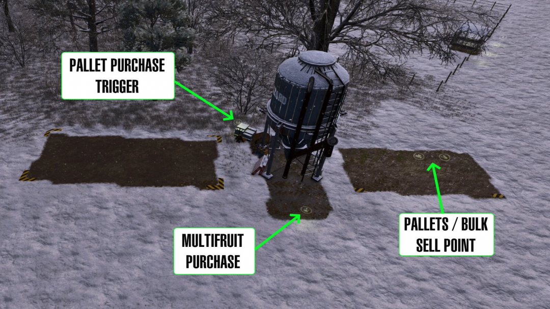 FS25 Multifruit Buying Station mod showing pallet purchase trigger and sell points in snowy terrain.