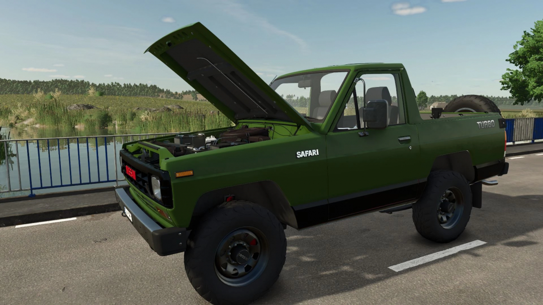 Nissan Safari 1985 mod for FS25 with open hood, showcasing engine in Farming Simulator 25.