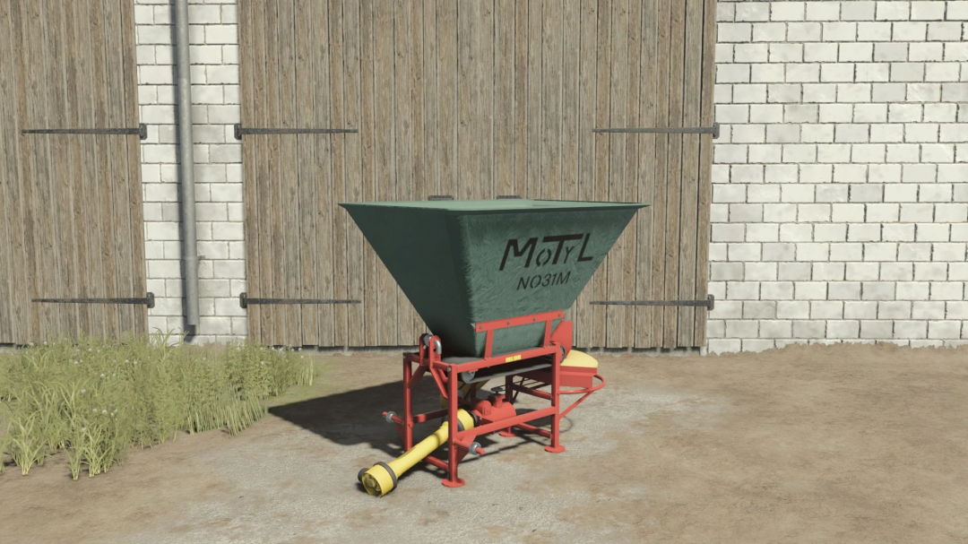 FS25 mod POM Motyl NO13 displayed against a barn wall in Farming Simulator 25.