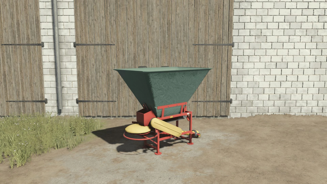 POM Motyl NO13 mod from Farming Simulator 25, featuring a green and red agricultural tool against a barn backdrop. FS25 mods.