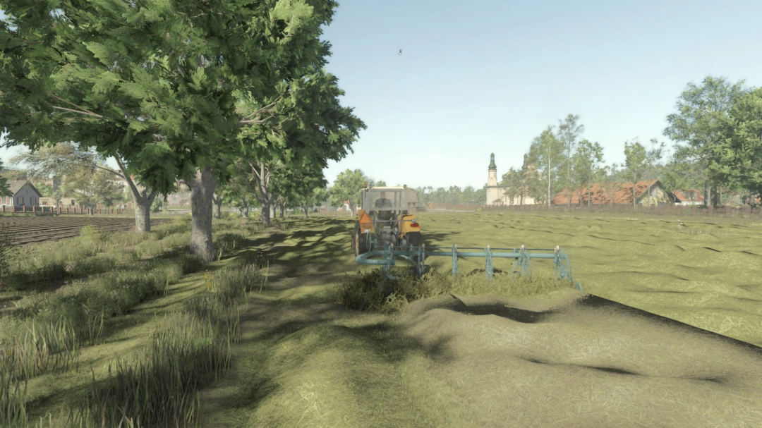 FS25 mod PZK 7/6/5 Pack v1.0.0.0 features a tractor working in a lush field with trees and a building in the background.