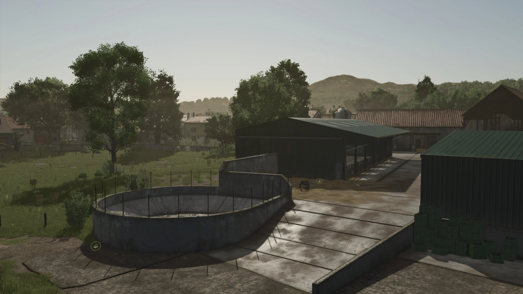 Pallegney Buildings Pack v1.0.0.0 mod for FS25 showing farm buildings and silo in rural landscape.