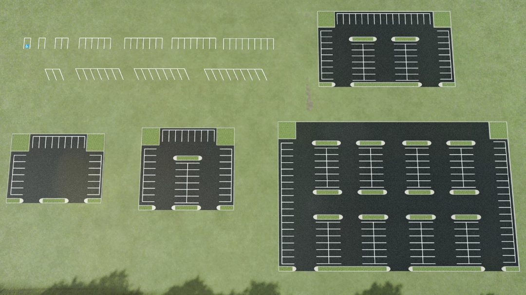 FS22 mods Parking Lot Pack v1.0.0.0 showing various parking layouts on grass with marked asphalt spaces.