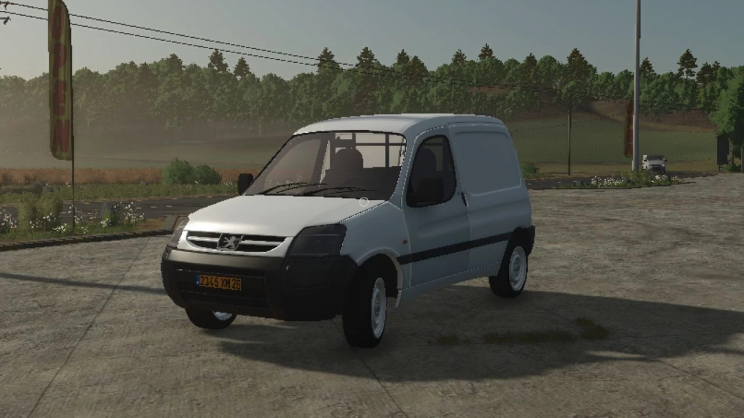 Peugeot Partner mod for FS25, showcasing a white van parked on a farm road in Farming Simulator 25.