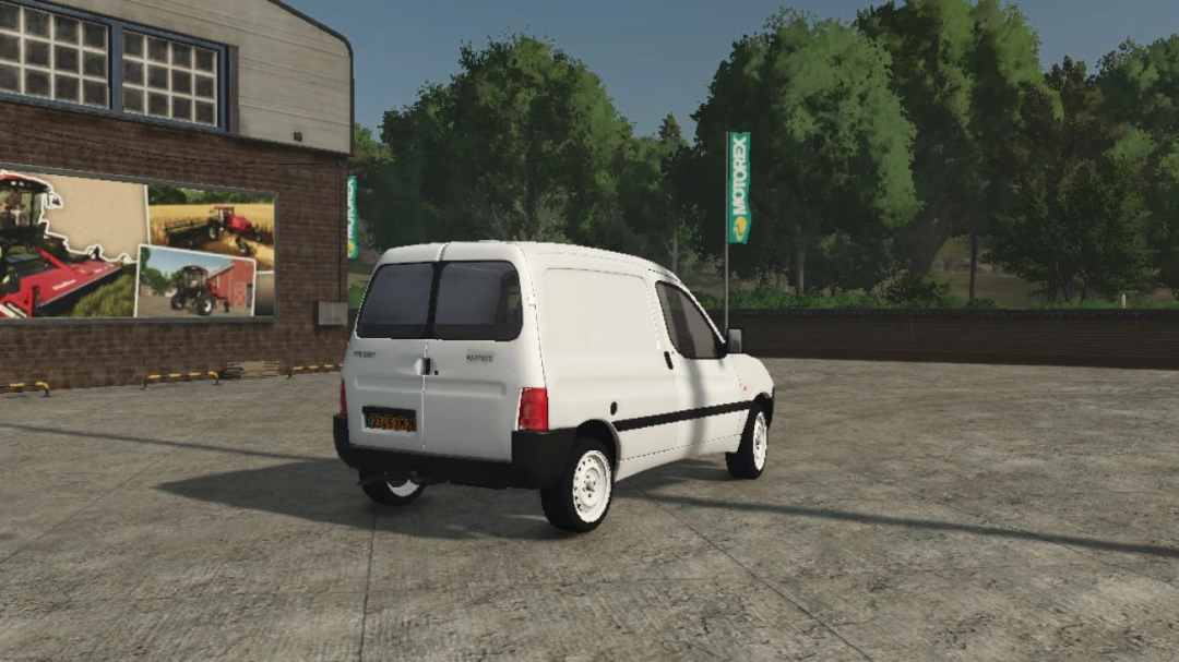 Peugeot Partner mod in FS25 with white van parked in front of a garage, enhancing Farming Simulator 25 gameplay.