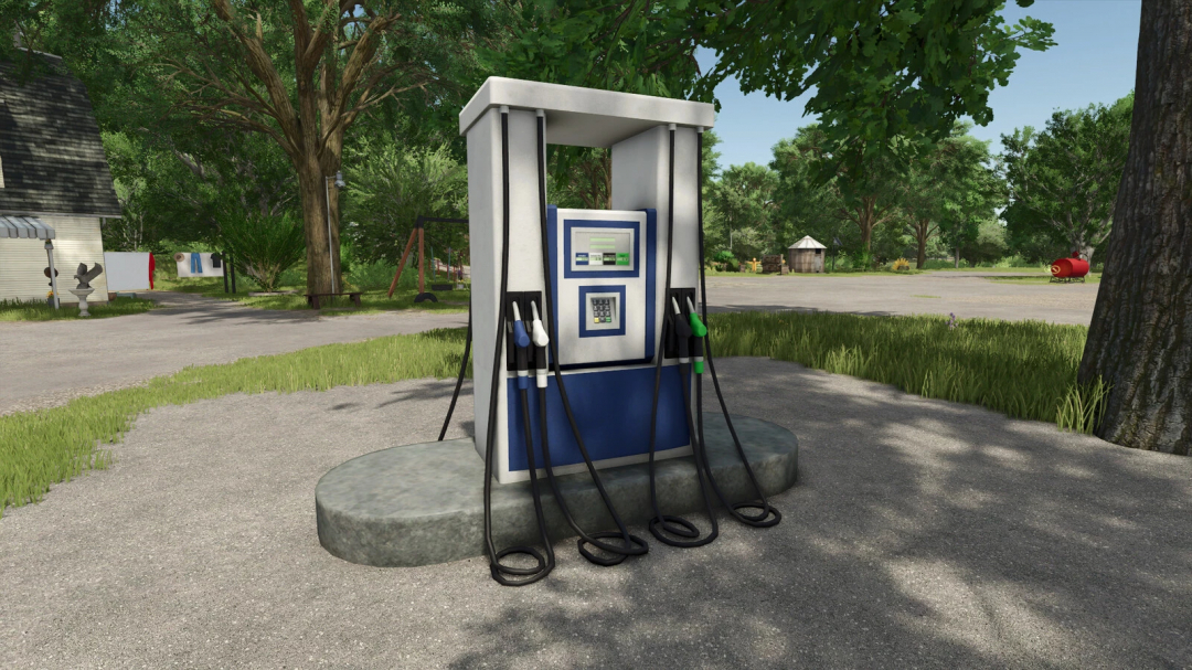 Placeable gas station pump mod for FS25 surrounded by trees.