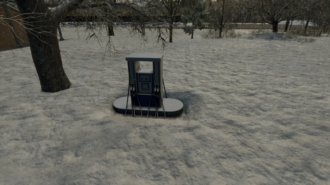 Placeable gas station pump mod in snowy landscape for FS25.