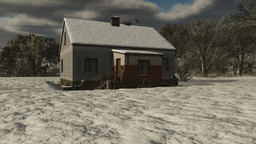 Snow-covered Polish house mod in FS25, showing a winter landscape with trees in Farming Simulator 25 mods.