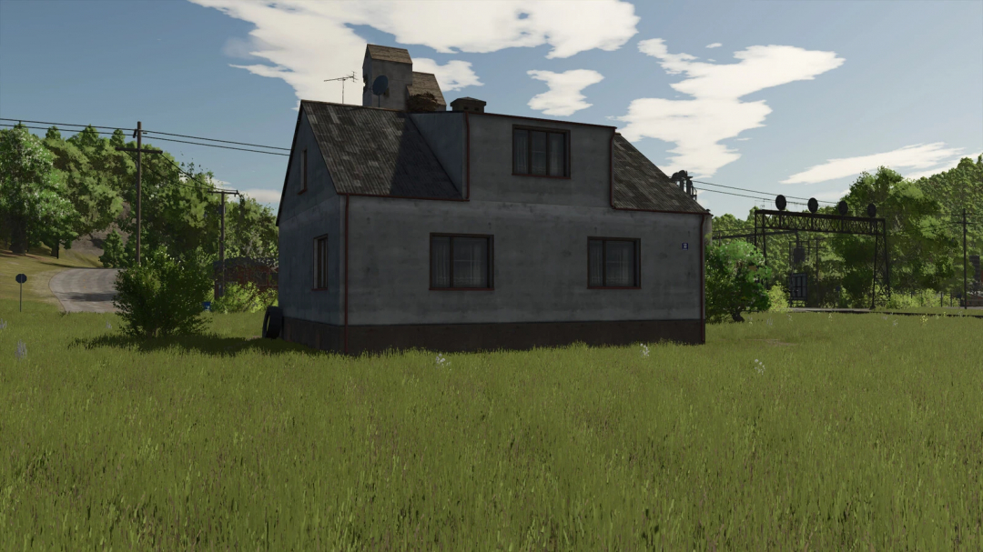 Polish House mod in Farming Simulator 25, featuring a rural home set on a grassy field with trees and a road in the background.