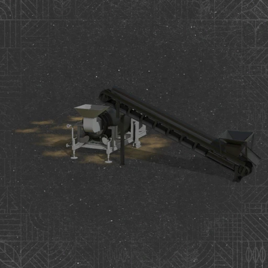 FS25 mod RGC Productions V0.1.0.0 featuring a grain conveyor and processing unit on dark background.