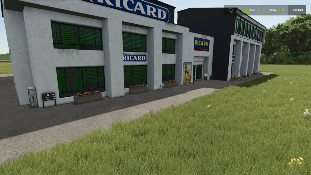 FS25 RICARD PRODUCTION mod showcases a factory building with branding in Farming Simulator 25.