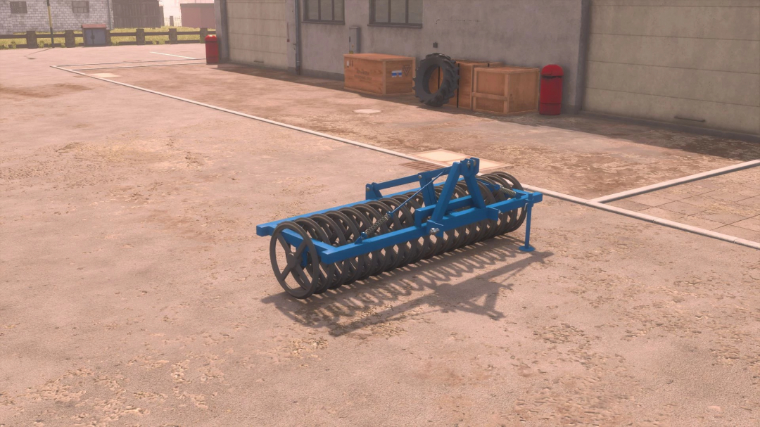 Image of Rabe Discotass 3000 mod for Farming Simulator 25, showcasing blue agricultural equipment on a concrete farmyard.