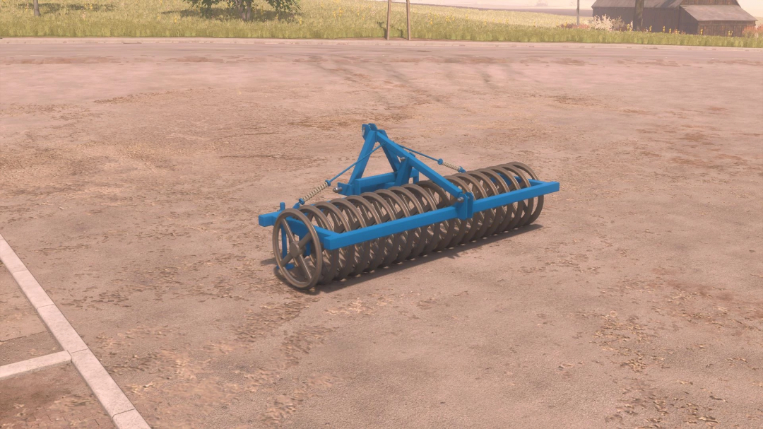 Rabe Discotass 3000 mod displayed in FS25, highlighting its blue agricultural design on a farm.