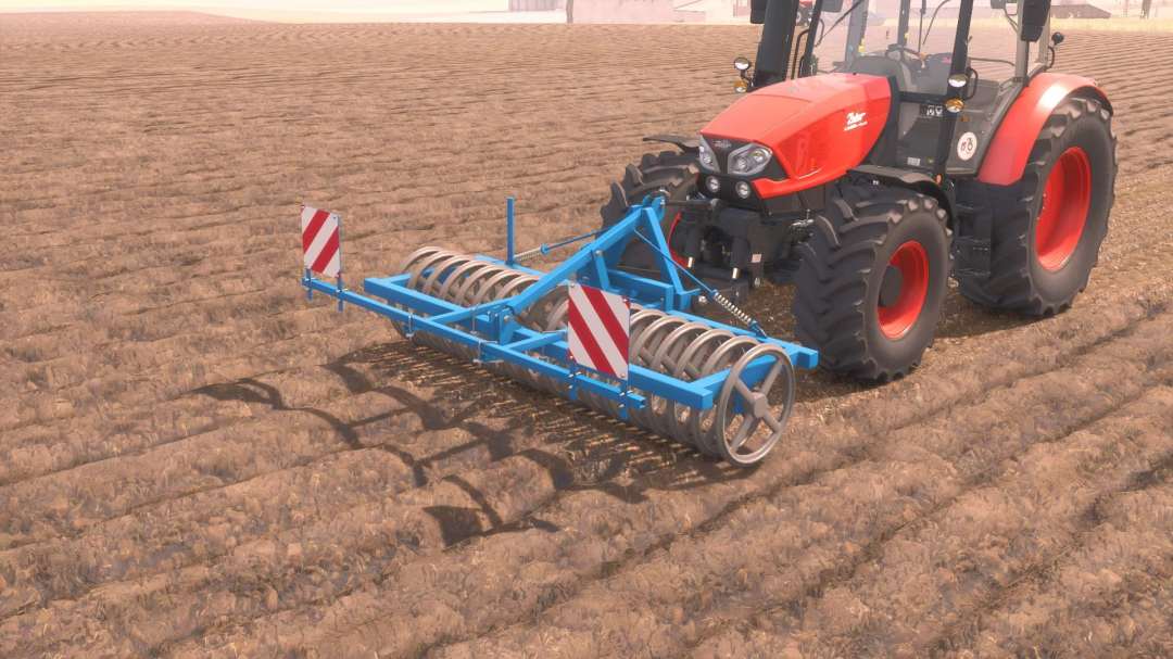 Rabe Discotass 3000 mod in FS25, showing a blue disc harrow attached to red tractor, used for cultivating fields in Farming Simulator 25.