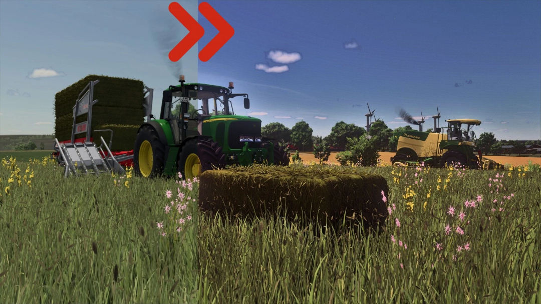 Realistic RayTracing Reshade Preset in FS25 shows tractors baling hay in a field.