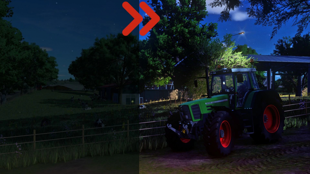 FS25 mods Realistic RayTracing Reshade Preset v5.0.0.0, showing visual improvement comparison with a tractor and farm at night.