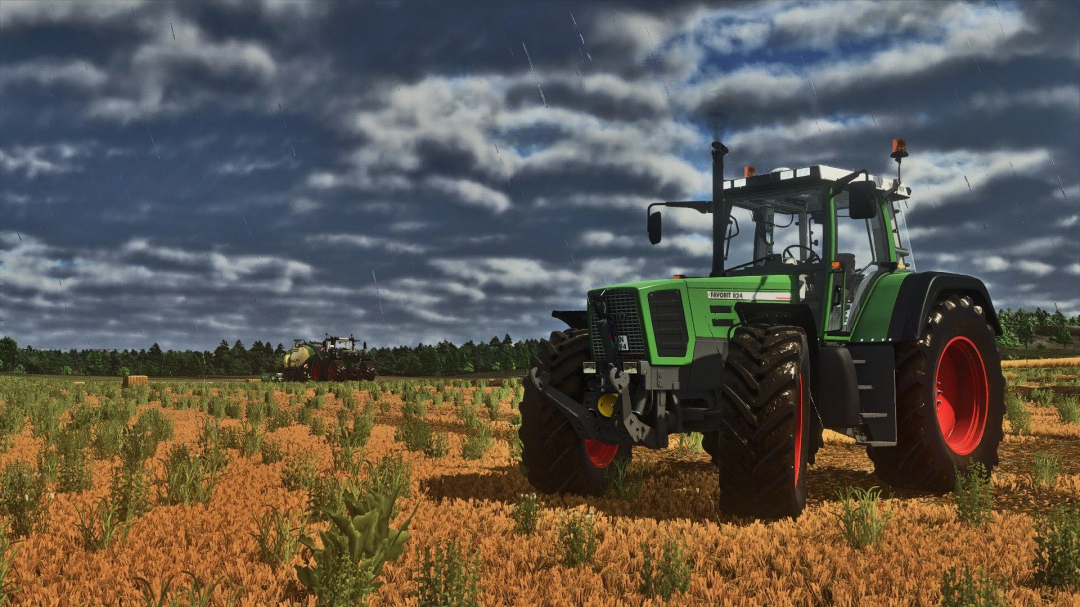 FS25 mods: Realistic RayTracing Reshade Preset v5.0.0.0 showing a detailed tractor on a farm field under a cloudy sky.