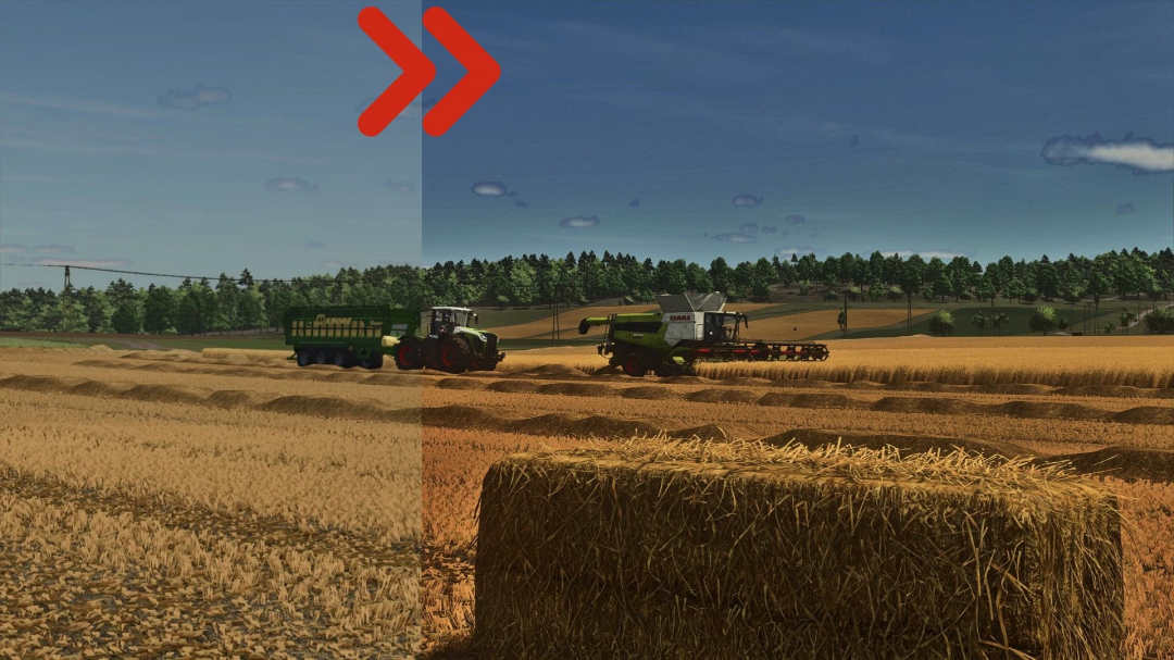 Farming Simulator 25 mod with realistic ray tracing effects showing enhanced graphics of a field with tractor and hay bale.