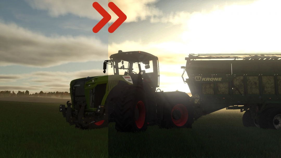 FS25 mod showing a tractor with realistic ray tracing reshade preset, highlighting light and shadow effects.