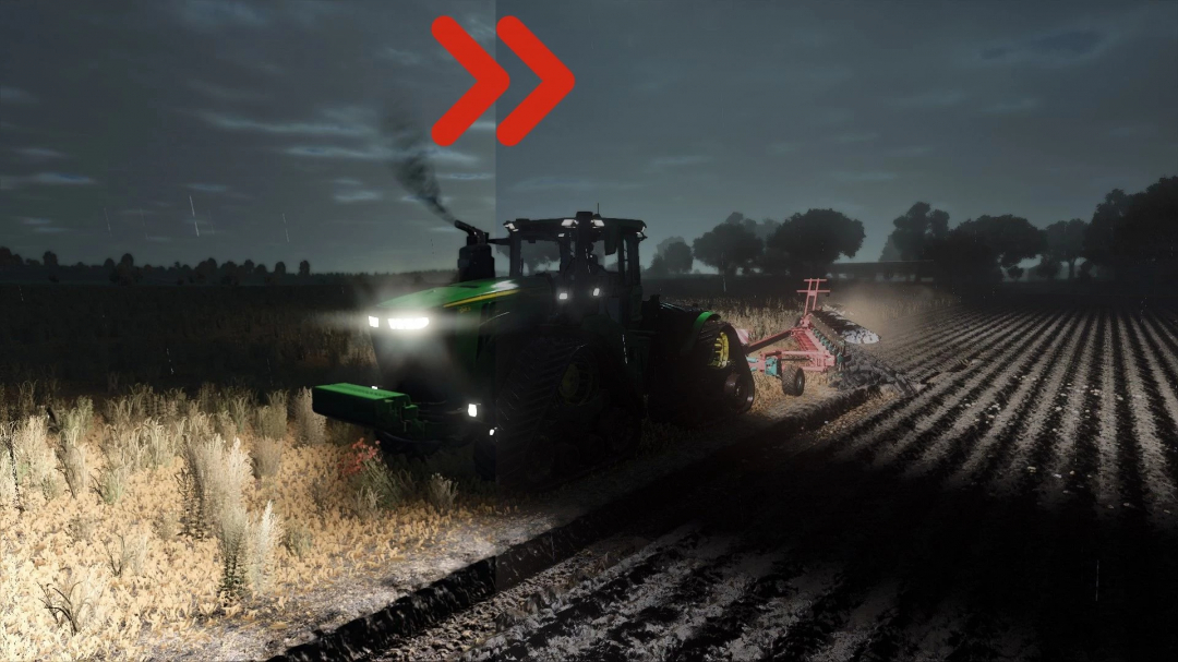 FS25 mod Realistic RayTracing Reshade Preset v5.0.0.0 showing a tractor in a field at night with enhanced lighting effects.