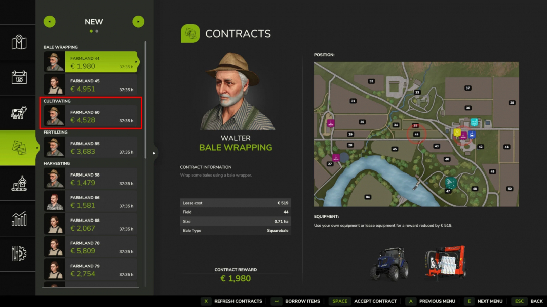 FS25 mods screen showing Refresh Contracts v1.0.0.0 with tasks like bale wrapping and cultivating, including map layout and equipment details.