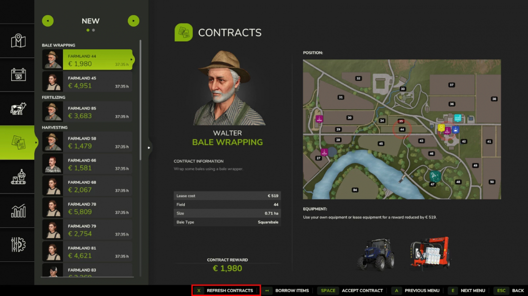 FS25 mod image showing contract screen with bale wrapping task, farmland locations, and reward details. Title: Refresh Contracts v1.0.0.0.