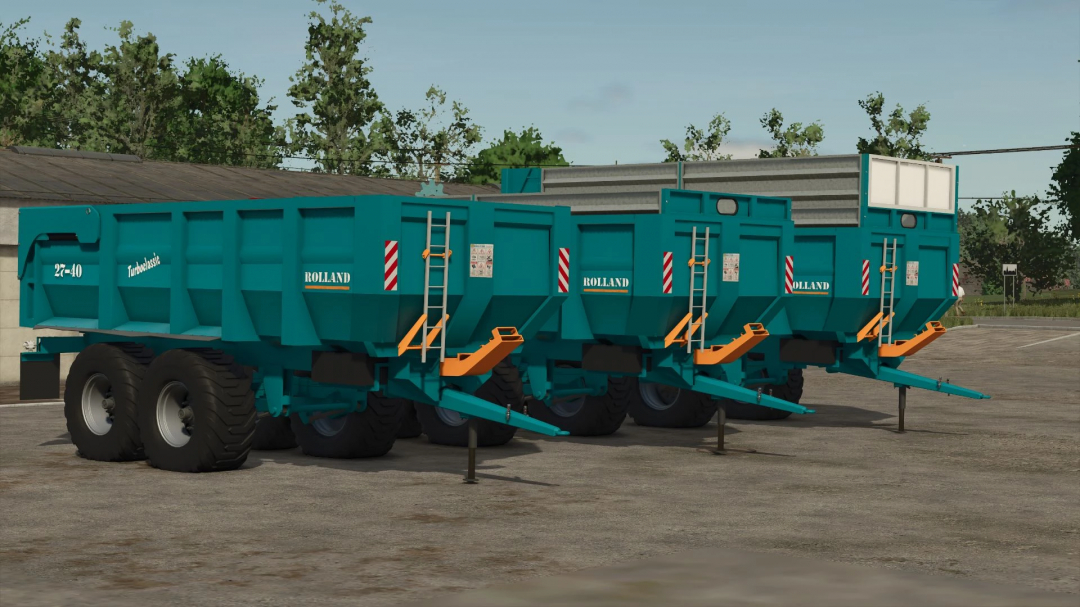 FS25 Rolland Turboclassic 27-40 mod featuring three blue trailers in a farm setting.