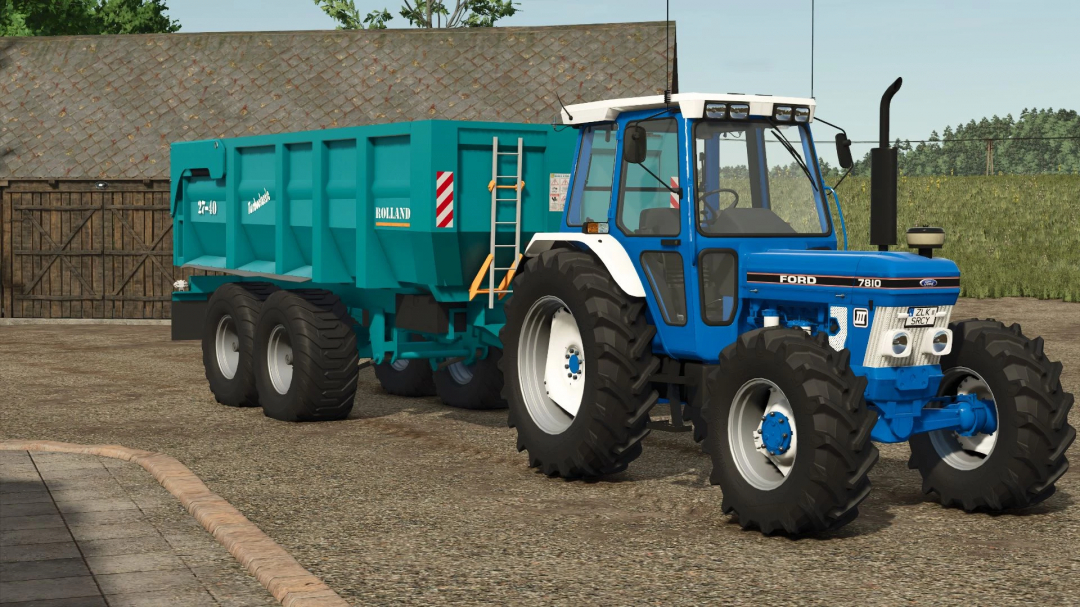 FS25 mod: Rolland Turboclassic 27-40 trailer with a tractor in Farming Simulator 25.