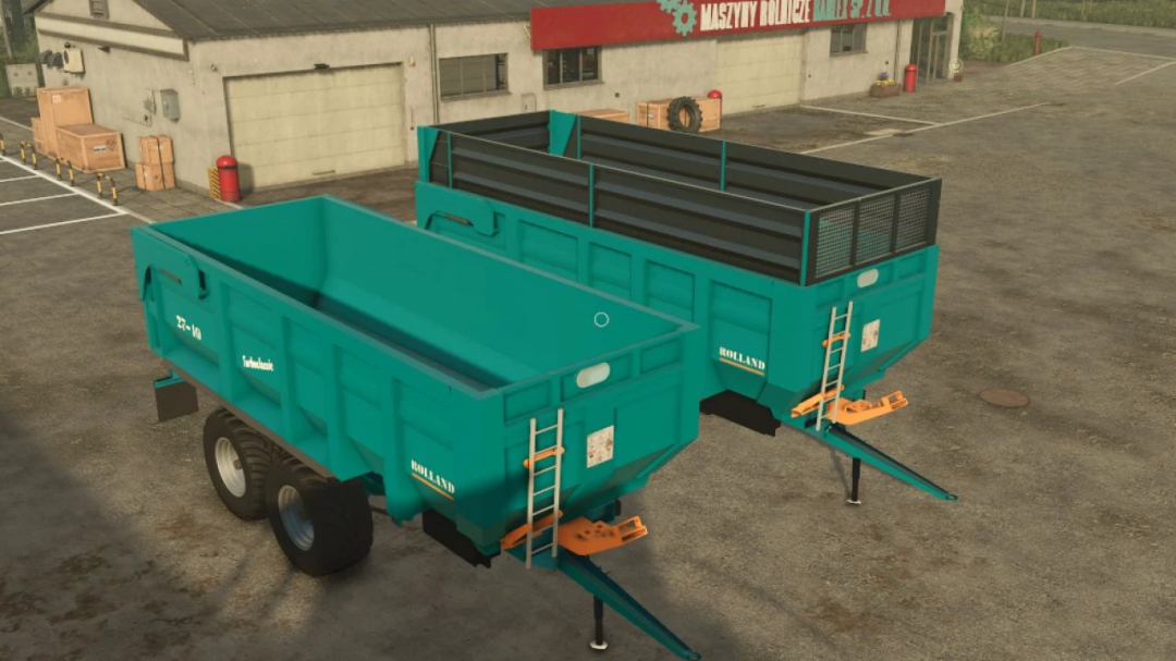 FS25 mods image featuring two Rolland Turboclassic 27-40 trailers in front of a farm building.