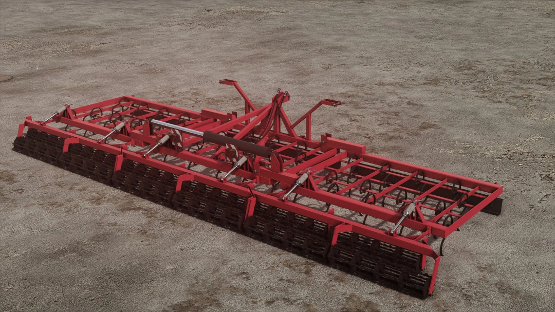 Satex 7m v1.0.0.0 mod for FS25 features a red agricultural implement on a dirt ground.