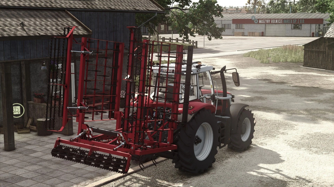 FS25 mod Satex 7m v1.0.0.0 with tractor parked by a shed, showcasing farming equipment in Farming Simulator 25.