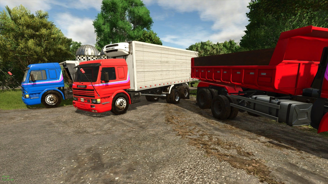 FS25 mods: Scania P93 truck with trailers on rural road in Farming Simulator 25.