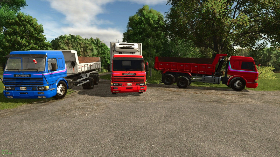 Three Scania P93 trucks in FS25 mod showcasing different designs.