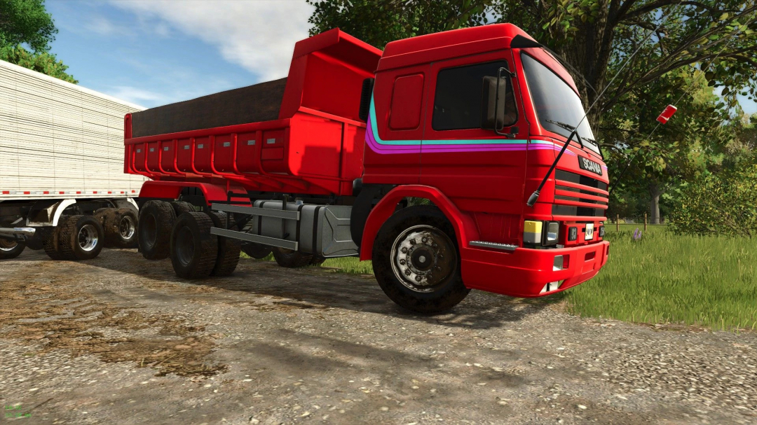 Scania P93 mod in FS25, showcasing a red dump truck in a rural setting with realistic graphics.