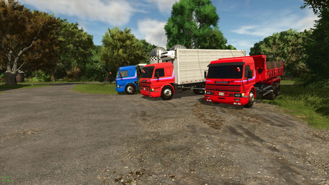 FS25 mods, Scania P93 trucks parked on a farm road in Farming Simulator 25 mod.