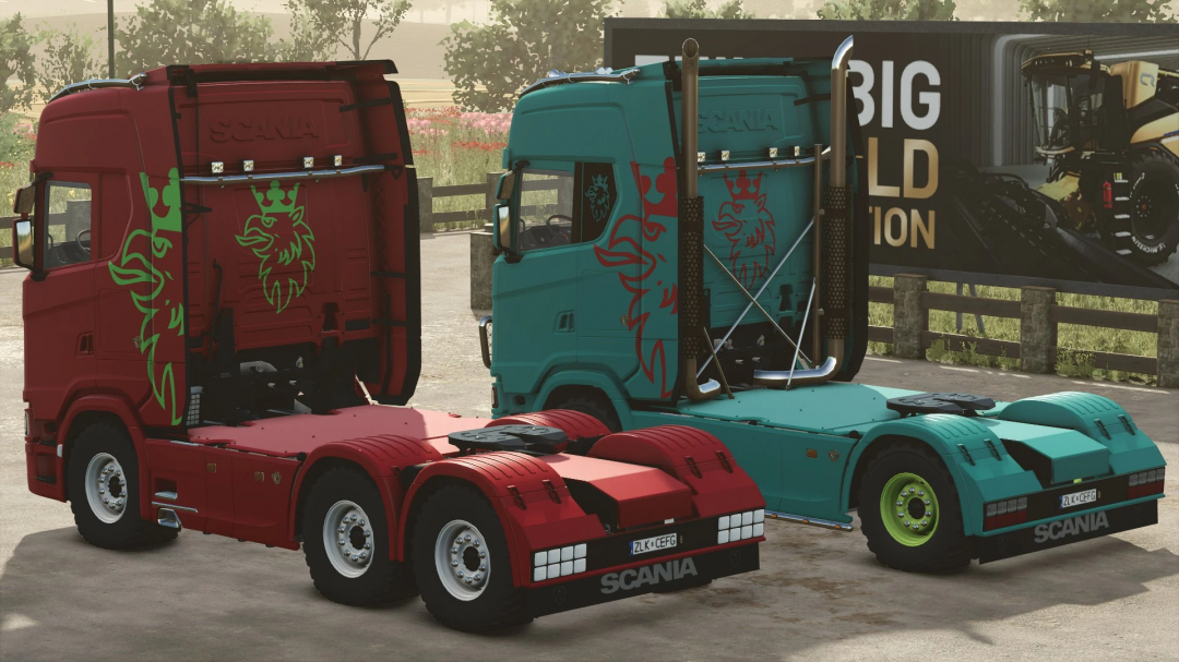 Scania S 4x2 and 6x4 trucks mod for FS25 with colorful liveries, parked in a farm setting.