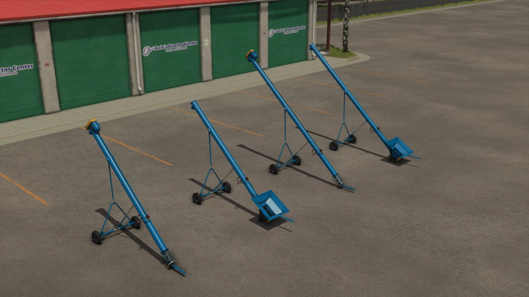 Screw Conveyor mod for FS25 displayed in front of garage doors, showcasing four blue equipment pieces.