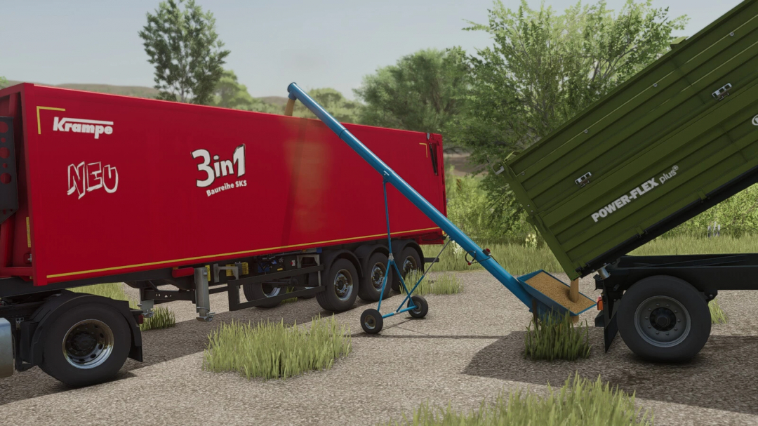 FS25 mod Screw Conveyor v1.0.0.0 transfers grain between a red and green trailer on a farm.