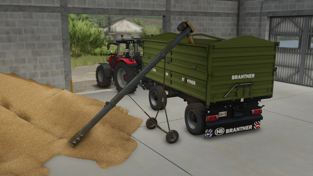 FS25 mod Screw Conveyor v1.0.0.0 image shows a screw conveyor loading grain into a Brantner trailer.