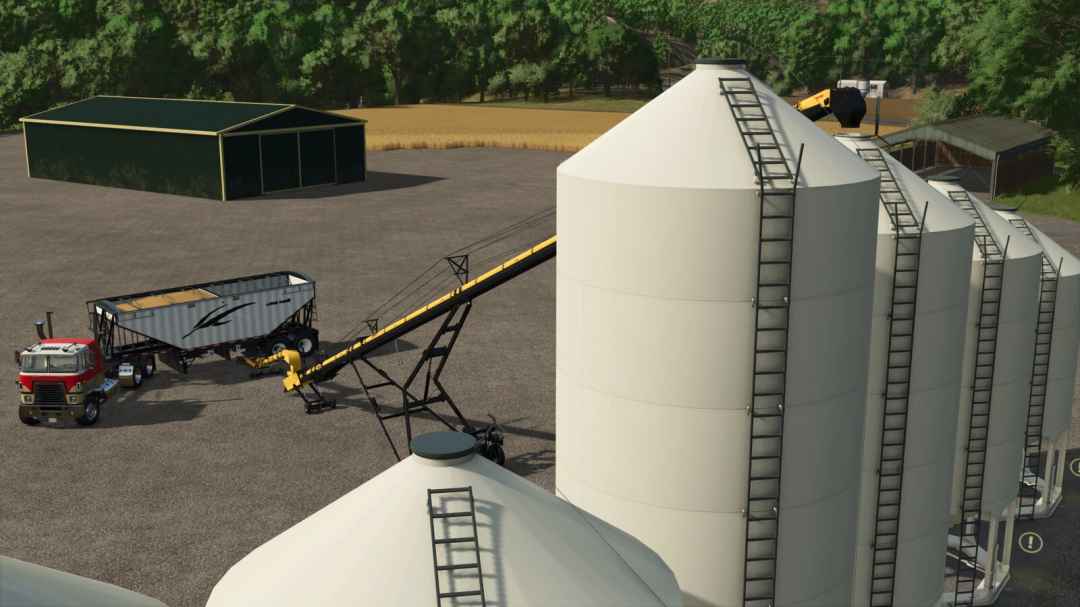 Smoothwall Hopper Bin Pack in FS25 mod, featuring large grain storage bins and a truck in Farming Simulator 25.