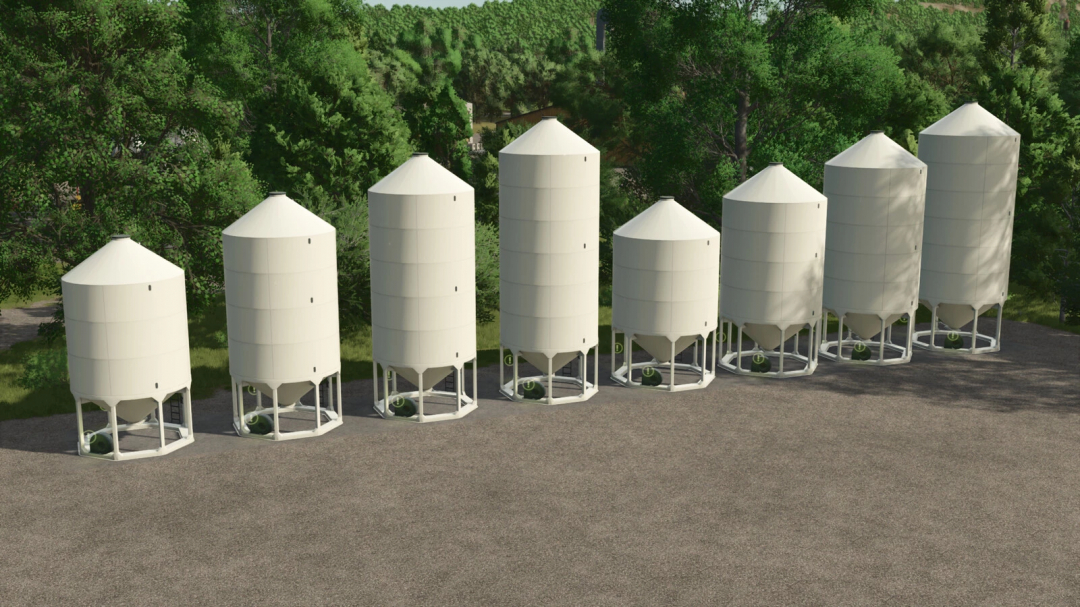 Smoothwall Hopper Bin Pack mod for FS25 featuring seven large white bins in a row against a forested background.