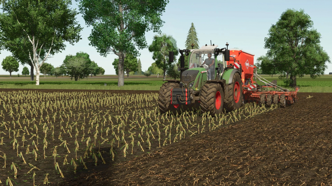 FS25 mod 'Somewhere in Dithmarschen' shows a tractor plowing a field with young crops, surrounded by trees.