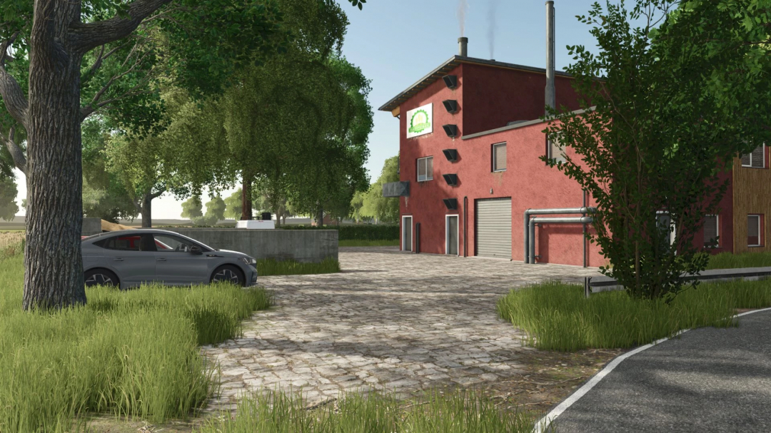 FS25 mod Somewhere in Dithmarschen v1.1.0.0, features a red building with a car and trees in Farming Simulator 25.